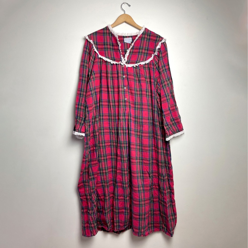Lanz of Salzburg Red Plaid Flannel Nightgown Lace Trim 2X Holiday Christmas